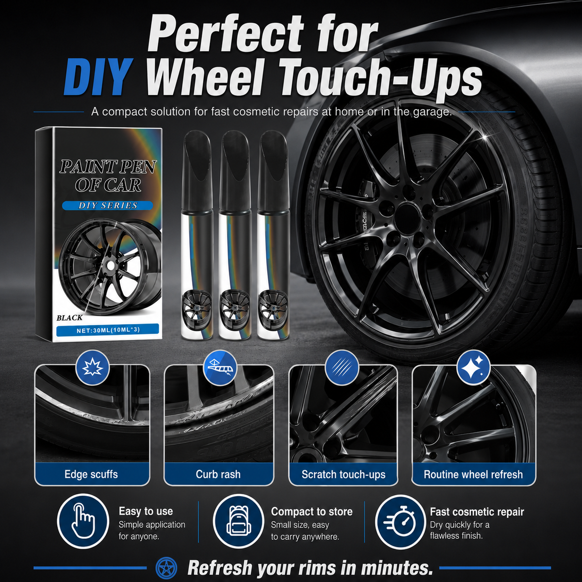 Car Wheel Paint Touch-Up Pen — Fast Curb Rash & Scratch Repair (Rust-Proof)