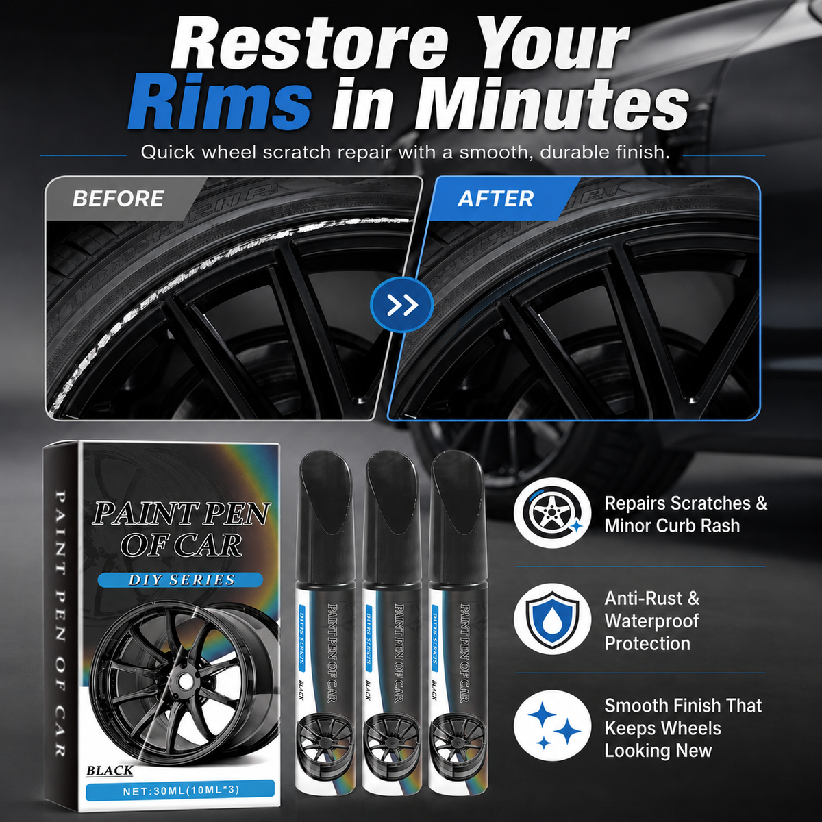 Car Wheel Paint Touch-Up Pen — Fast Curb Rash & Scratch Repair (Rust-Proof)