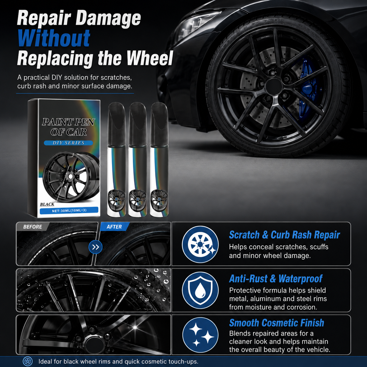 Car Wheel Paint Touch-Up Pen — Fast Curb Rash & Scratch Repair (Rust-Proof)